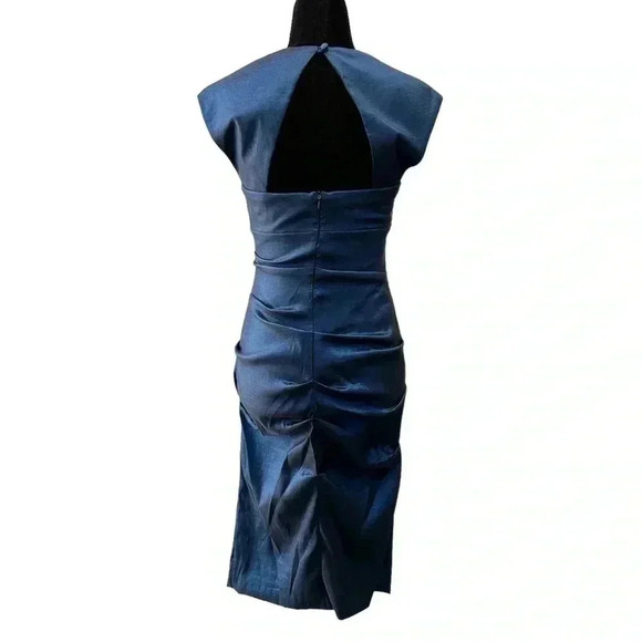 BA Nites Cocktail Party Dress Evening Bodycon Midi Ruched Blue Satin Size 4 - Picture 2 of 16